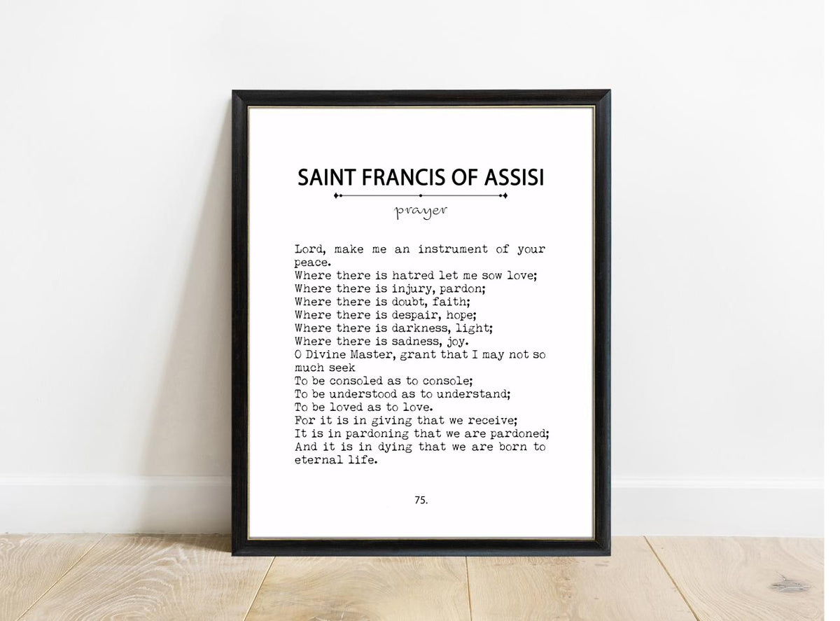 Saint Francis of Assisi prayer book page print in a black frame, white background