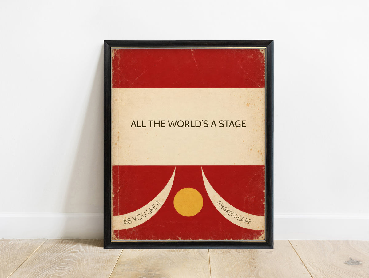 All the world's a stage, Shakespeare As You Like It quote in a retro red book cover design, in a black frame