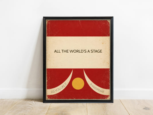 All the world's a stage, Shakespeare As You Like It quote in a retro red book cover design, in a black frame