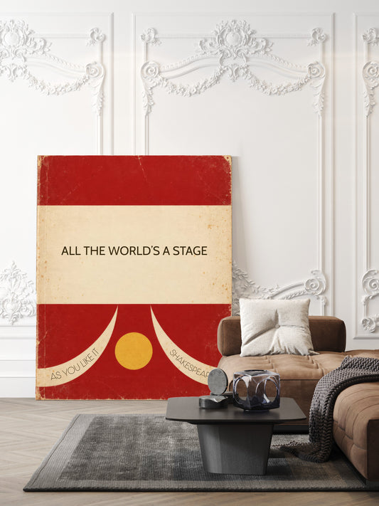 All the world's a stage, Shakespeare As You Like It quote in a retro red book cover design, shown unframed in a living room