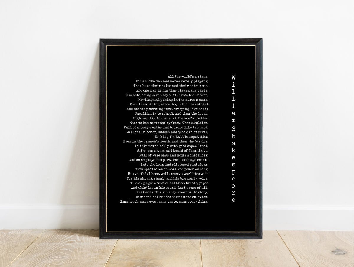 Shakespeare All The World's A Stage print in a black frame, black background