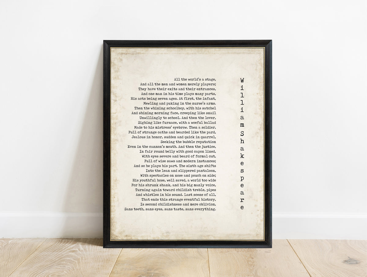 Shakespeare All The World's A Stage print in a black frame, vintage background
