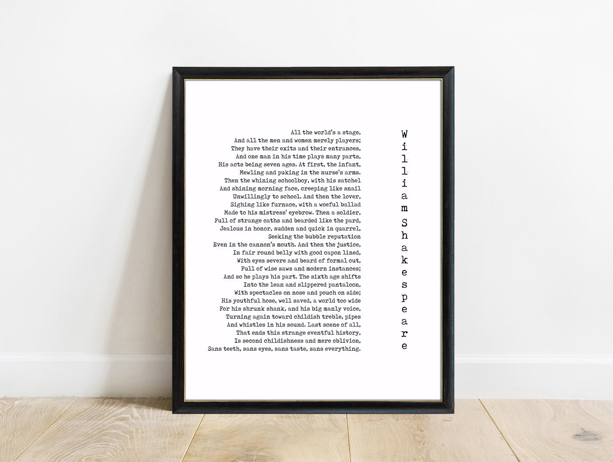 Shakespeare All The World's A Stage print in a black frame, white background