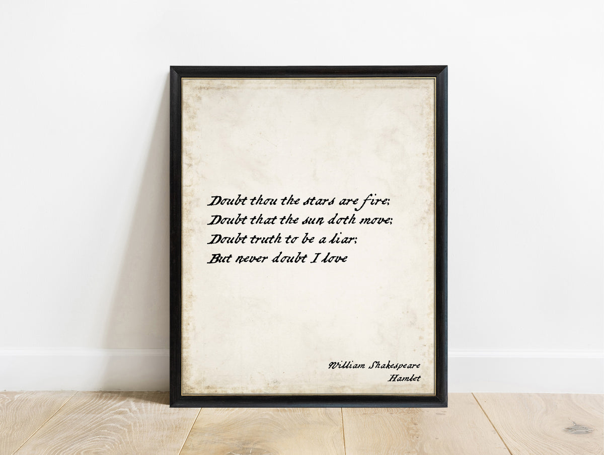 Shakespeare Hamlet Doubt Thou The Stars Are Fire print in a black frame, vintage background