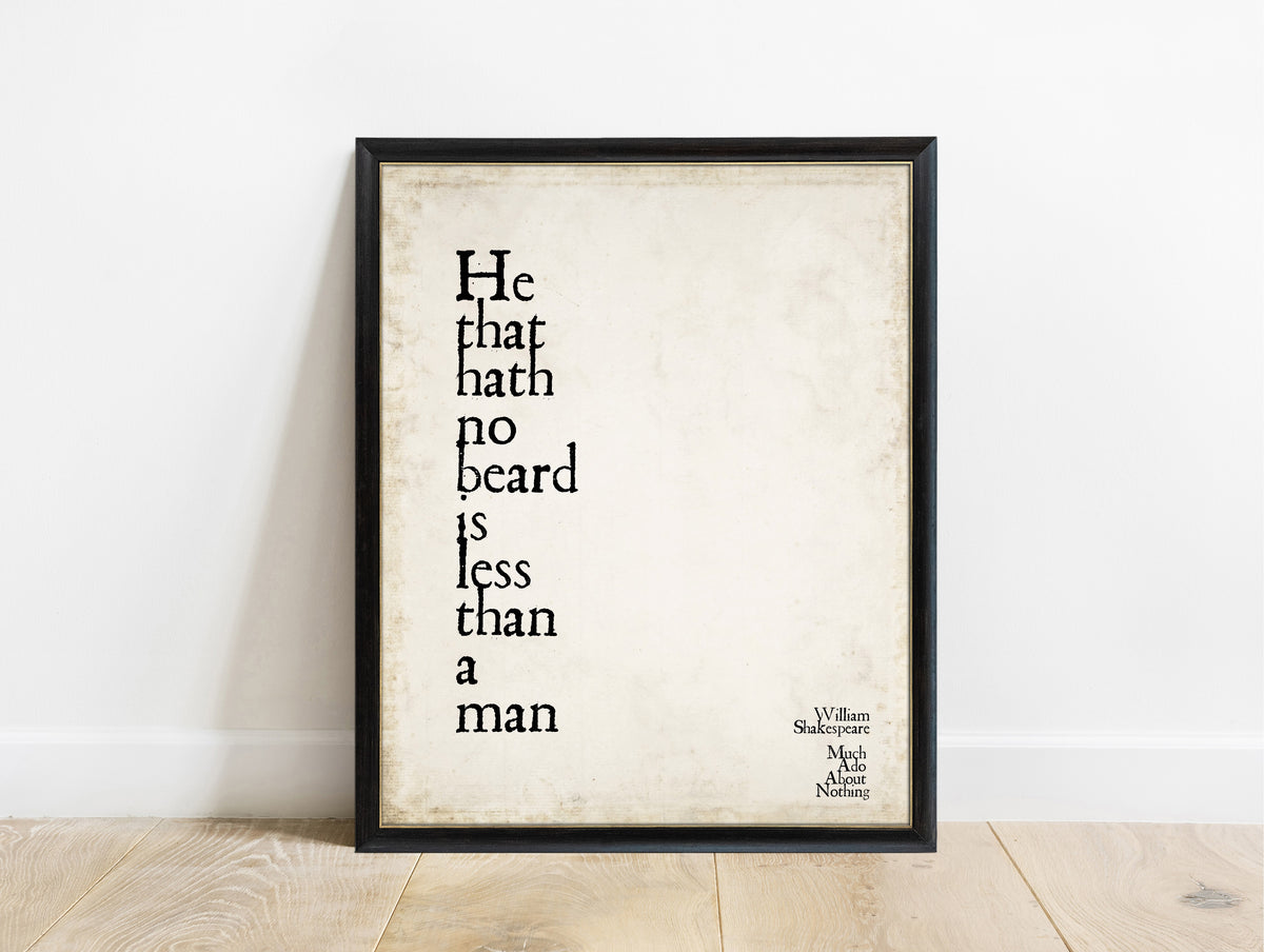 Shakespeare Much Ado He That Hath No Beard print in a black frame, vintage background