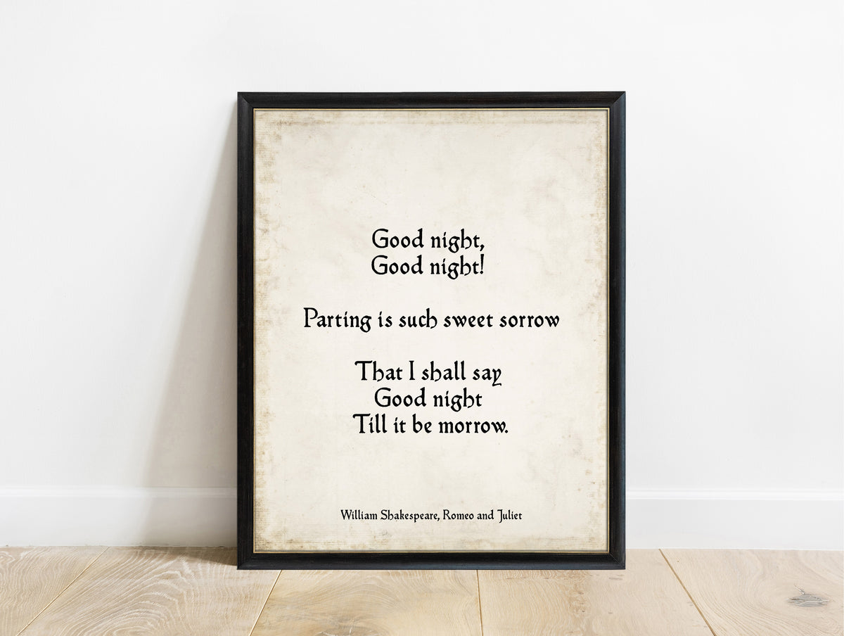 Shakespeare Romeo and Juliet Parting Is Such Sweet Sorrow print in a black frame, vintage background