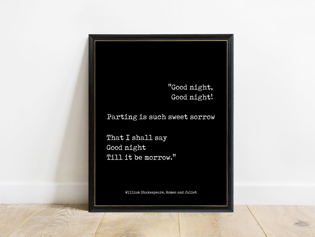 Shakespeare Parting Is Such Sweet Sorrow typewriter print in a black frame, black background