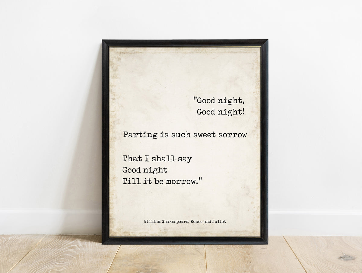 Shakespeare Parting Is Such Sweet Sorrow typewriter print in a black frame, vintage background