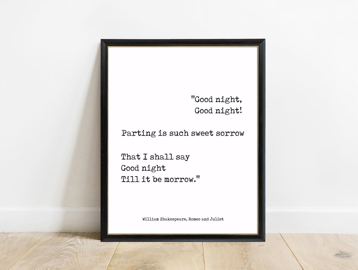 Shakespeare Parting Is Such Sweet Sorrow typewriter print in a black frame, white background