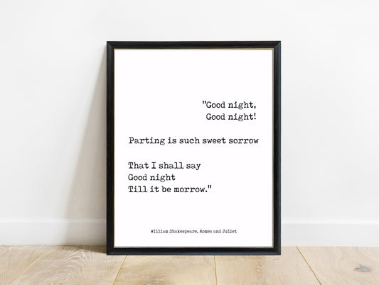 Shakespeare Parting Is Such Sweet Sorrow typewriter print in a black frame, white background