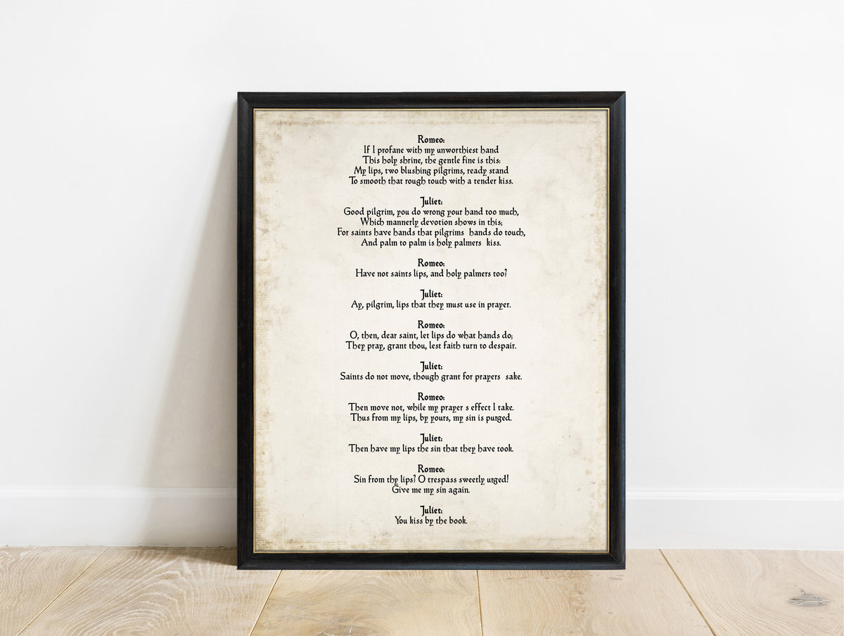Shakespeare Romeo and Juliet pilgrim scene print in a black frame, vintage background