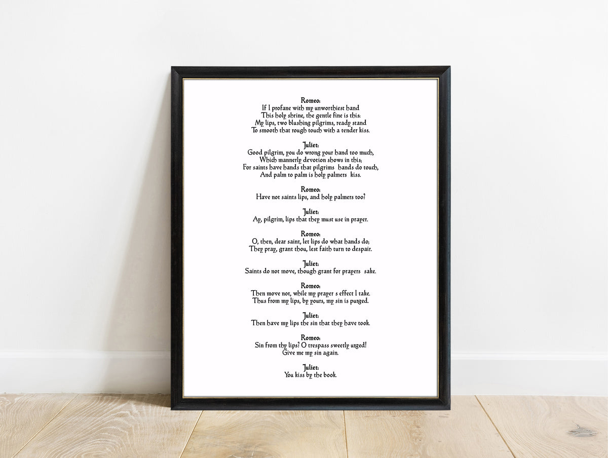 Shakespeare Romeo and Juliet pilgrim scene print in a black frame, white background