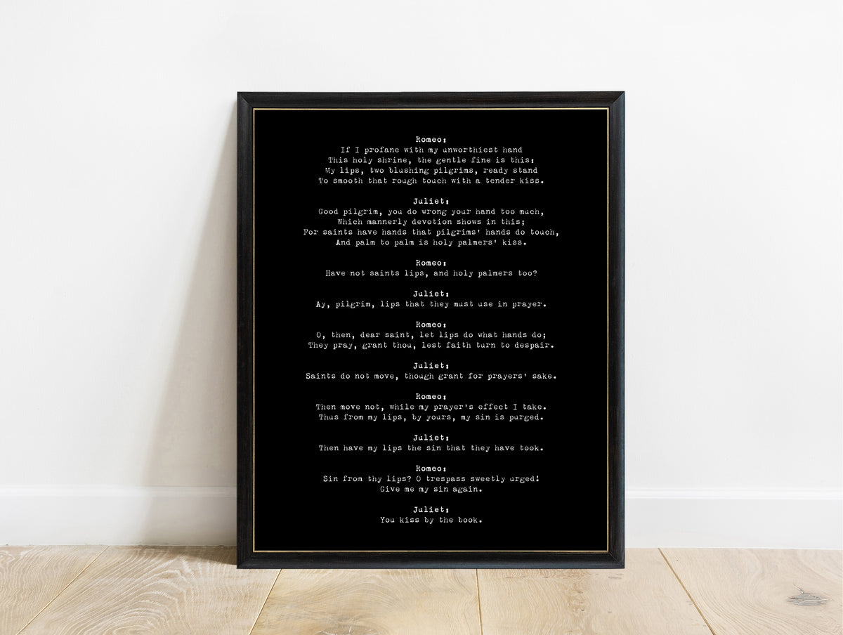 Shakespeare Romeo and Juliet pilgrim scene typewriter print in a black frame, black background