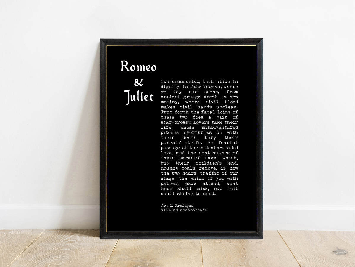 Shakespeare Romeo and Juliet prologue typewriter print in a black frame, black background
