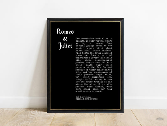 Shakespeare Romeo and Juliet prologue typewriter print in a black frame, black background