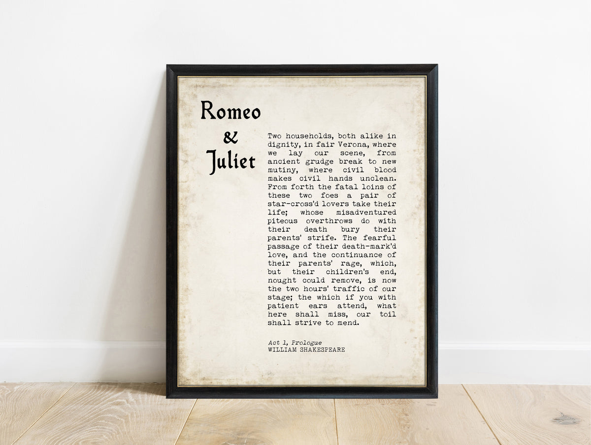 Shakespeare Romeo and Juliet prologue typewriter print in a black frame, vintage background