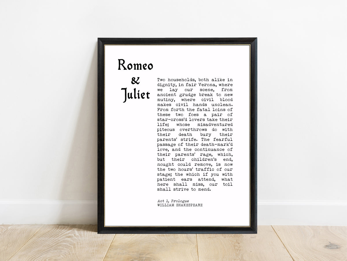 Shakespeare Romeo and Juliet prologue typewriter print in a black frame, white background