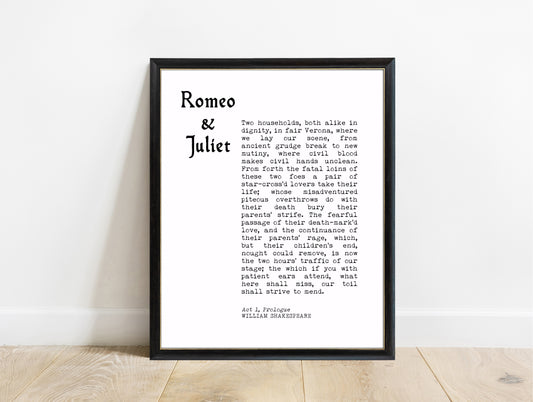 Shakespeare Romeo and Juliet prologue typewriter print in a black frame, white background