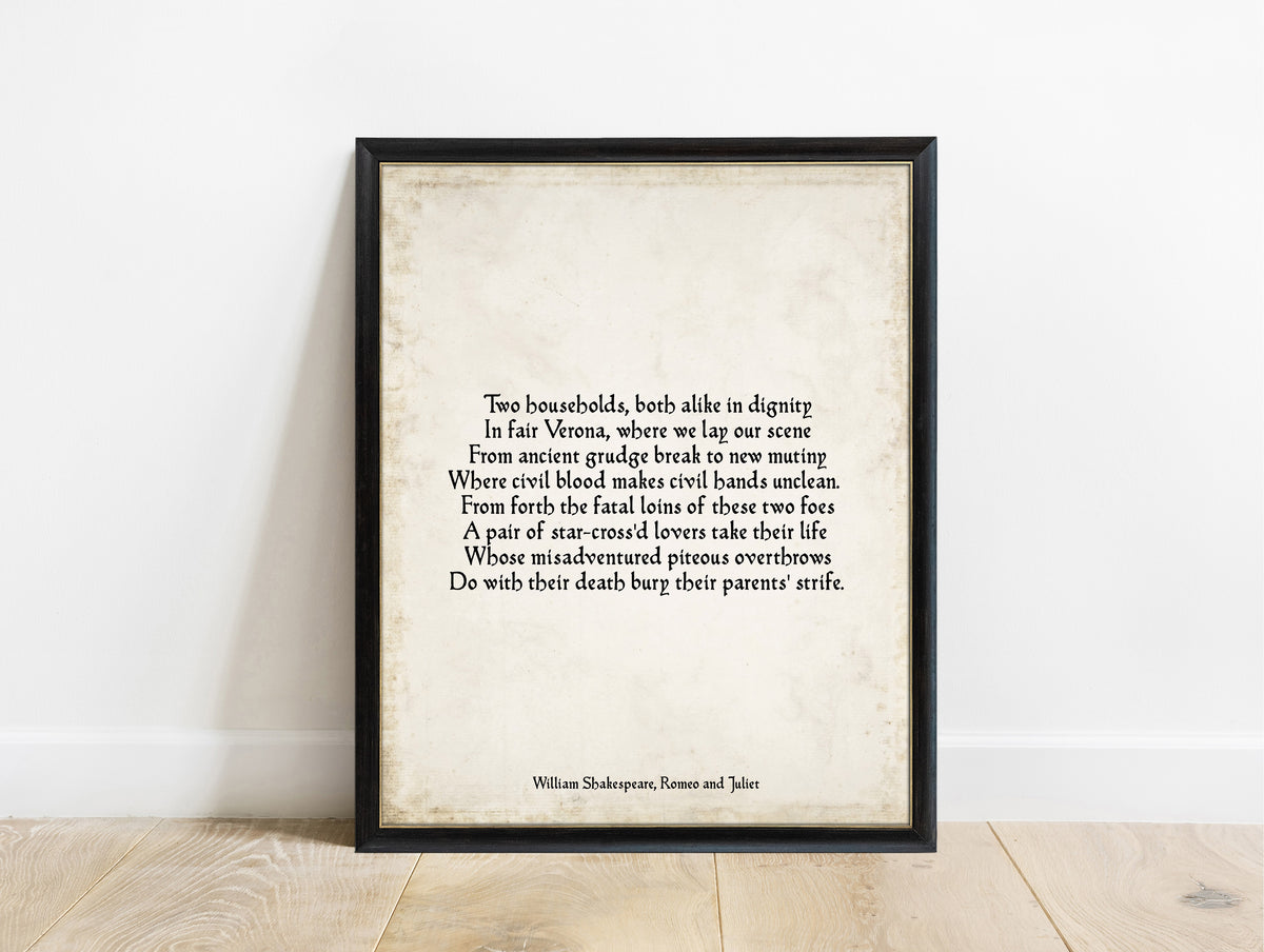 Shakespeare Romeo and Juliet Two Households prologue print in a black frame, vintage background