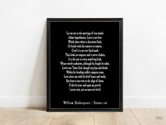 Shakespeare Sonnet 116 Marriage Of True Minds print in a black frame, black background