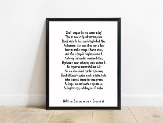 Shakespeare Sonnet 18 Shall I Compare Thee print in a black frame, white background