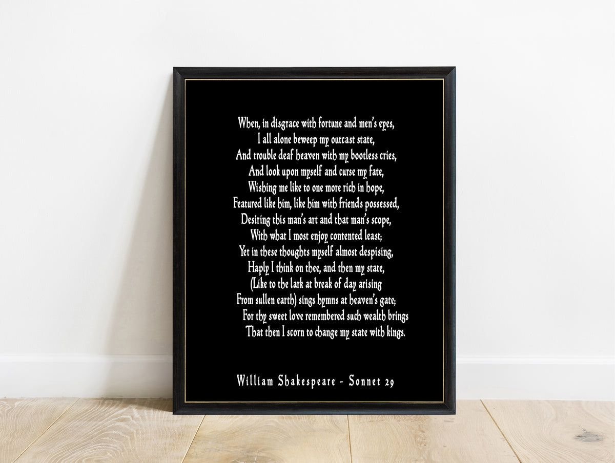 Shakespeare Sonnet 29 When In Disgrace print in a black frame, black background
