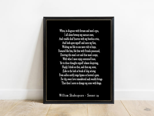 Shakespeare Sonnet 29 When In Disgrace print in a black frame, black background