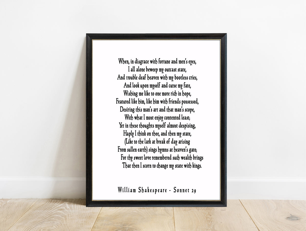 Shakespeare Sonnet 29 When In Disgrace print in a black frame, white background