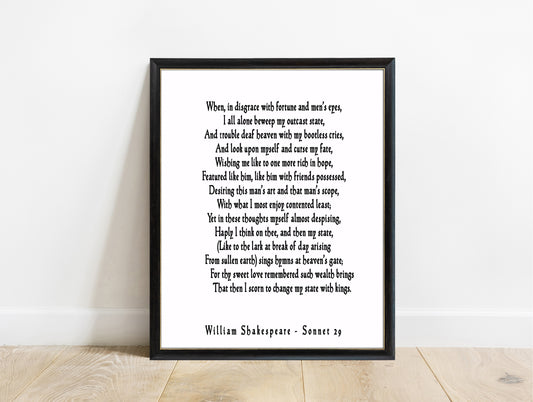 Shakespeare Sonnet 29 When In Disgrace print in a black frame, white background