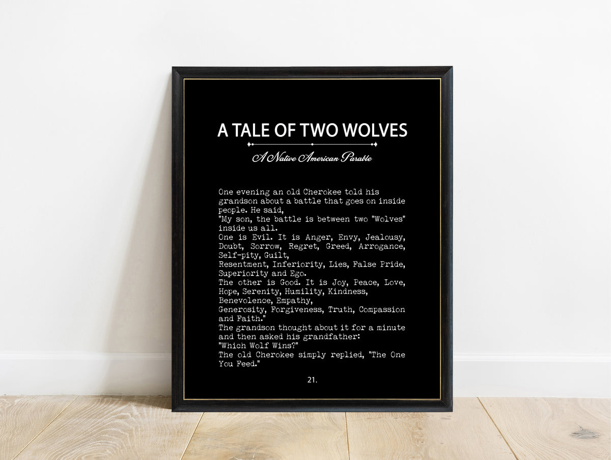 A Tale of Two Wolves Native American parable book page print in a black frame, black background