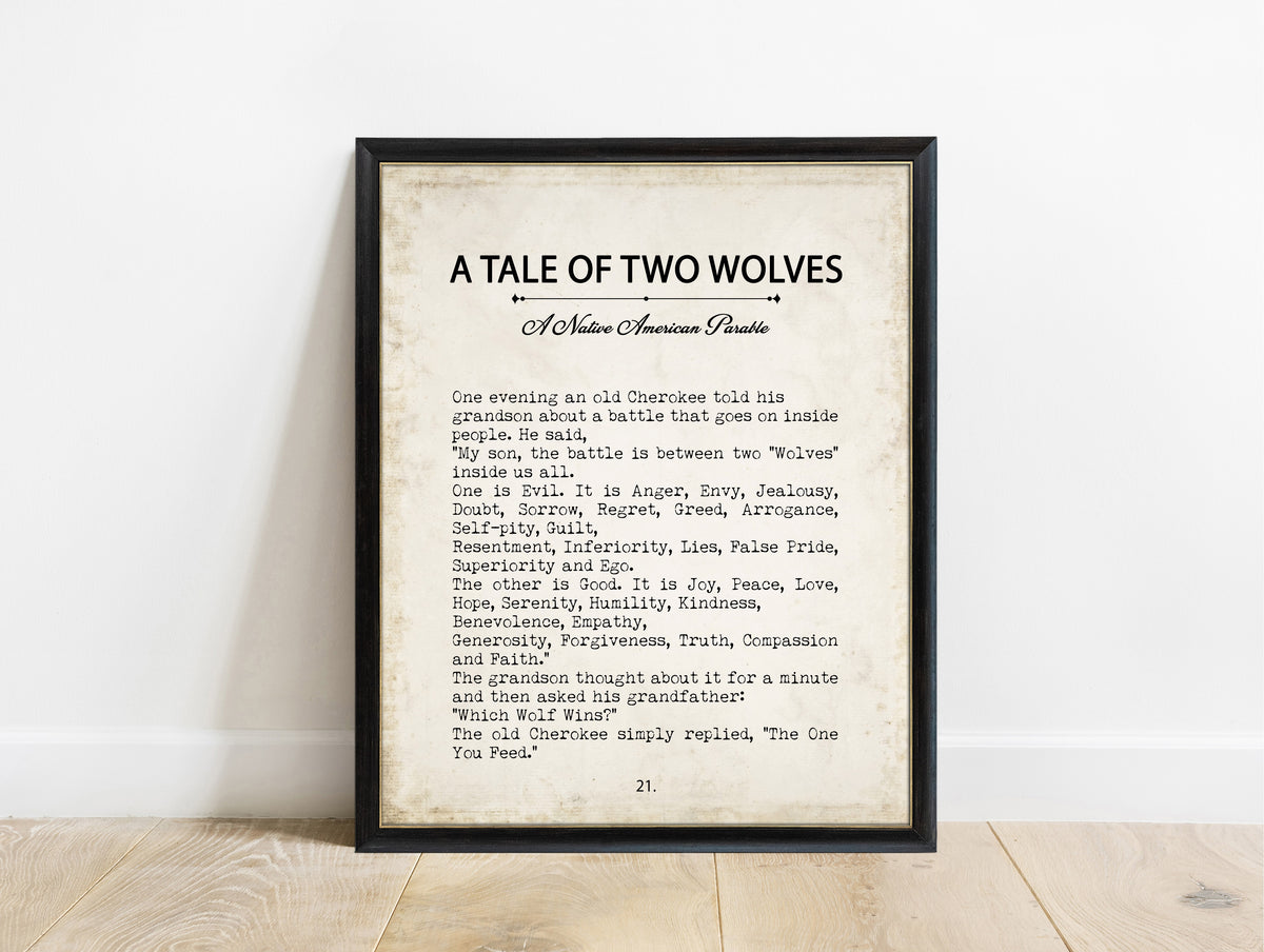 A Tale of Two Wolves Native American parable book page print in a black frame, vintage background