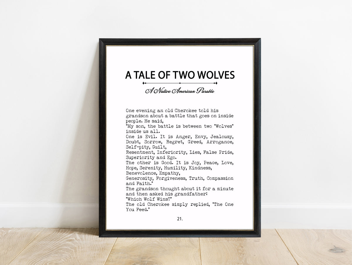 A Tale of Two Wolves Native American parable book page print in a black frame, white background