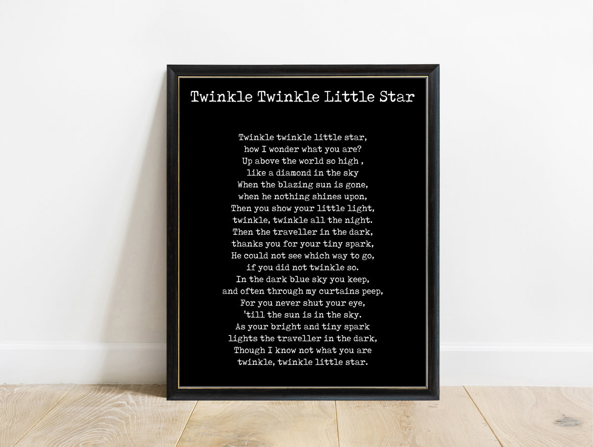 Jane Taylor Twinkle Twinkle Little Star full poem print in a black frame, black background