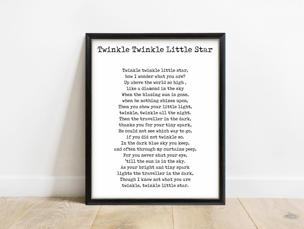 Jane Taylor Twinkle Twinkle Little Star full poem print in a black frame, white background
