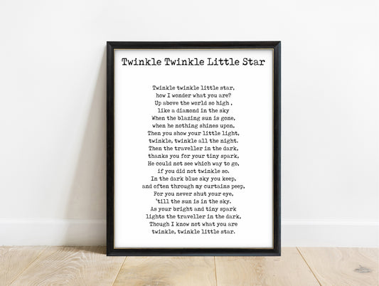Jane Taylor Twinkle Twinkle Little Star full poem print in a black frame, white background