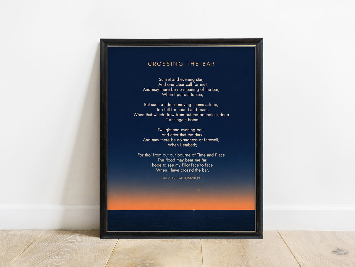 Alfred Lord Tennyson Crossing the Bar full poem print on navy with a sunset horizon and a small sailboat, in a black frame