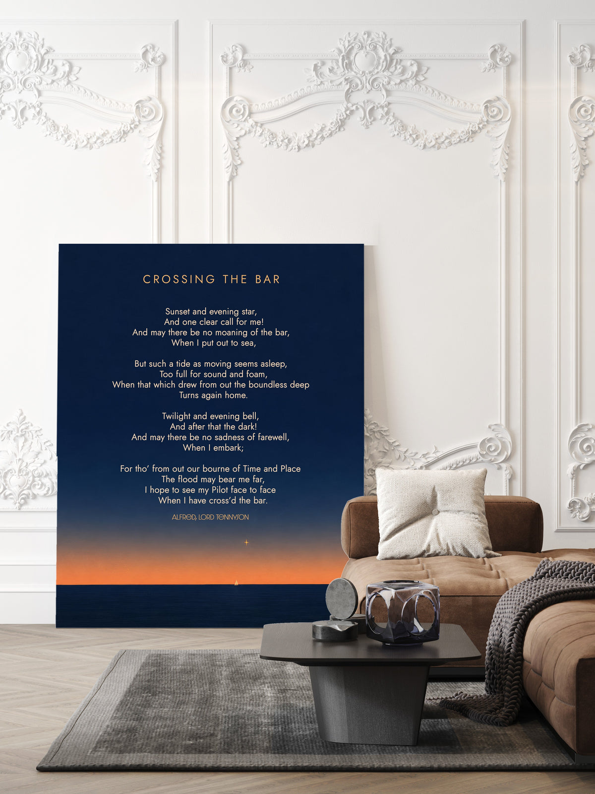 Alfred Lord Tennyson Crossing the Bar full poem print on navy with a sunset horizon and a small sailboat, shown unframed in a living room
