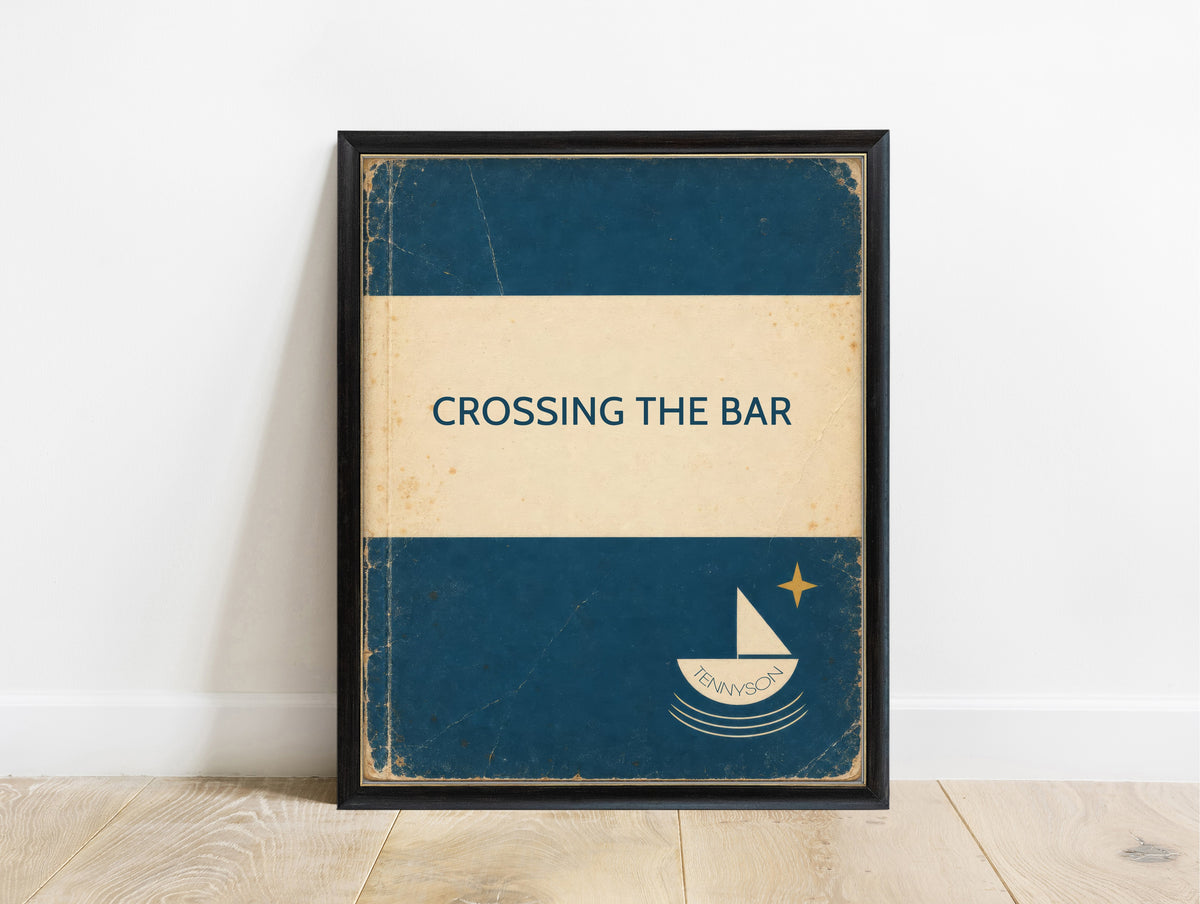 Alfred Lord Tennyson Crossing the Bar retro book cover print in faded blue and cream with a sailboat and star, in a black frame