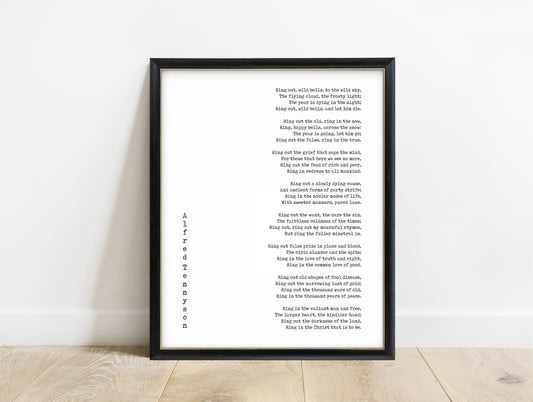 Alfred Lord Tennyson Ring Out Wild Bells poem print in a black frame, white background