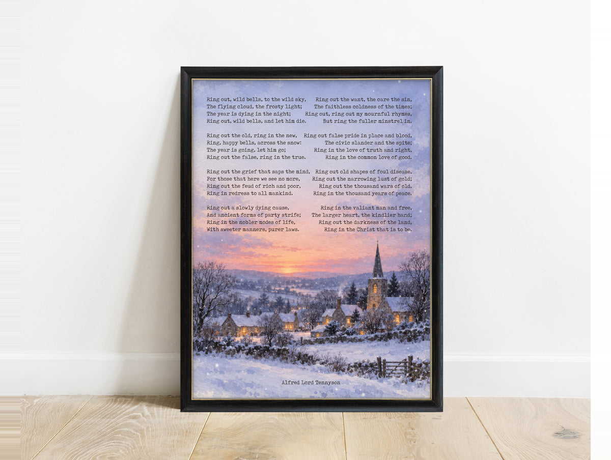 Ring Out Wild Bells full poem by Alfred Lord Tennyson over a watercolour snowy village with church at sunset, New Year poem print in a black frame
