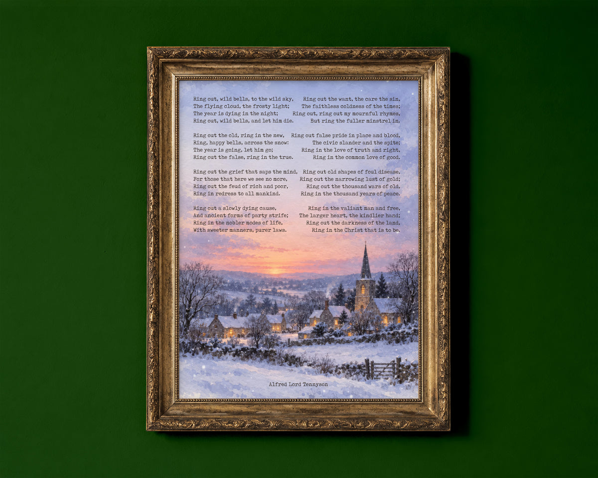 Ring Out Wild Bells full poem by Alfred Lord Tennyson over a watercolour snowy village with church at sunset, New Year poem print shown in a gold frame for display only; framed prints are sent in a black frame