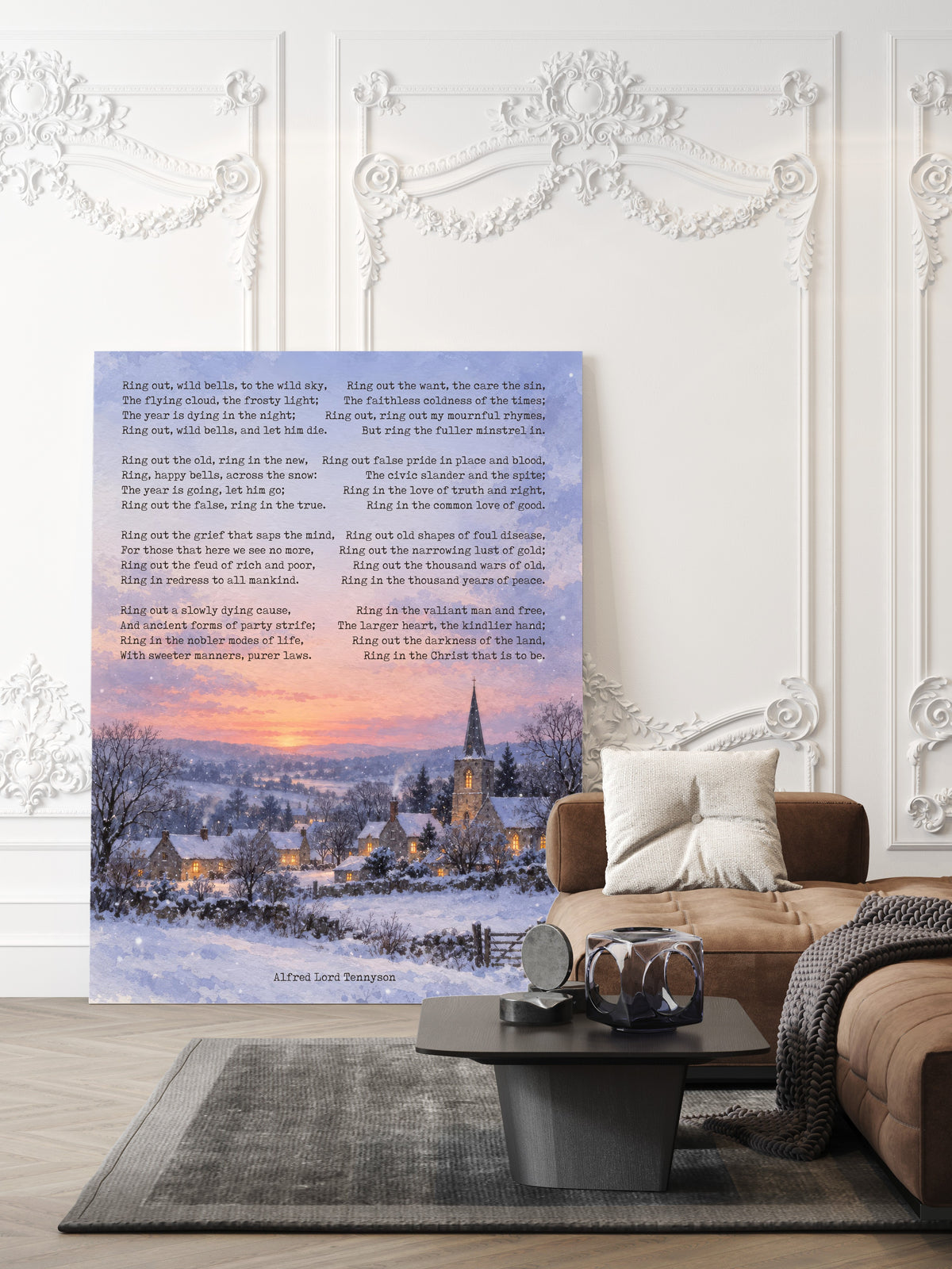 Ring Out Wild Bells full poem by Alfred Lord Tennyson over a watercolour snowy village with church at sunset, New Year poem print shown unframed in a living room