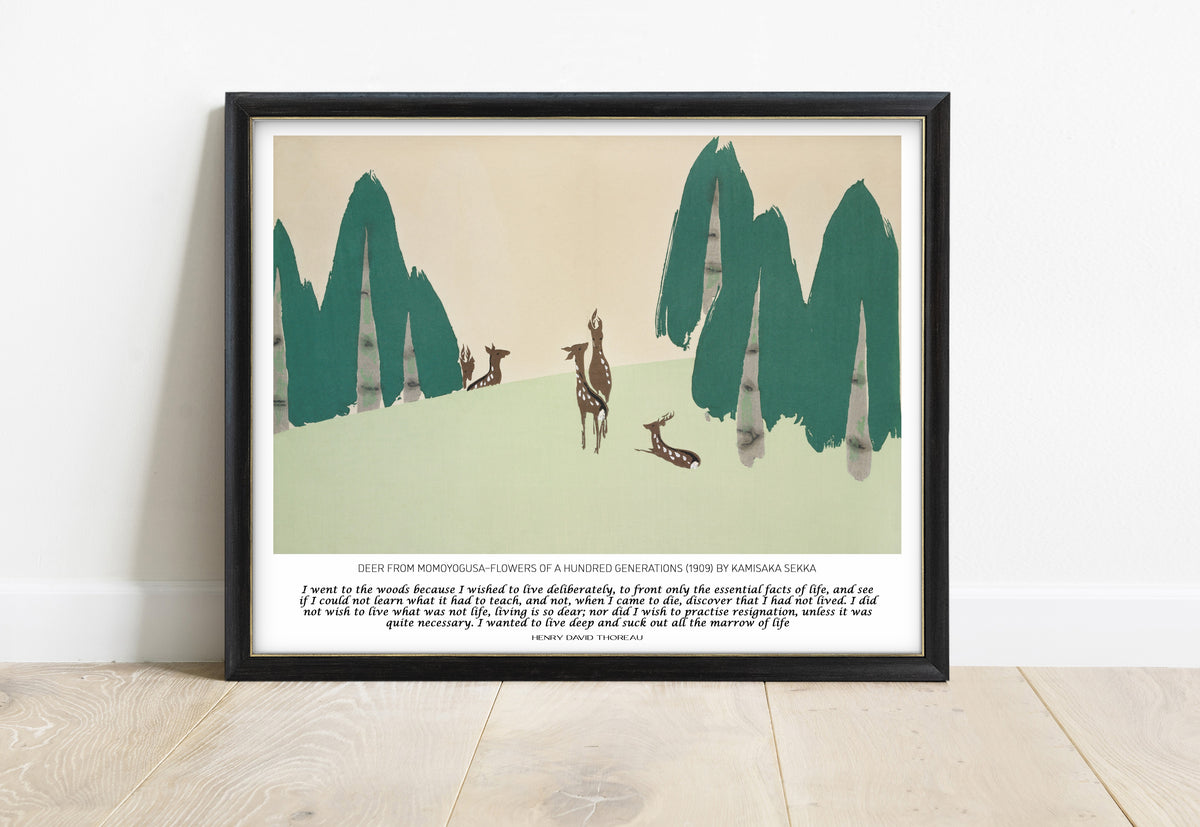 Henry David Thoreau I went to the woods print with Kamisaka Sekka deer, in a black frame