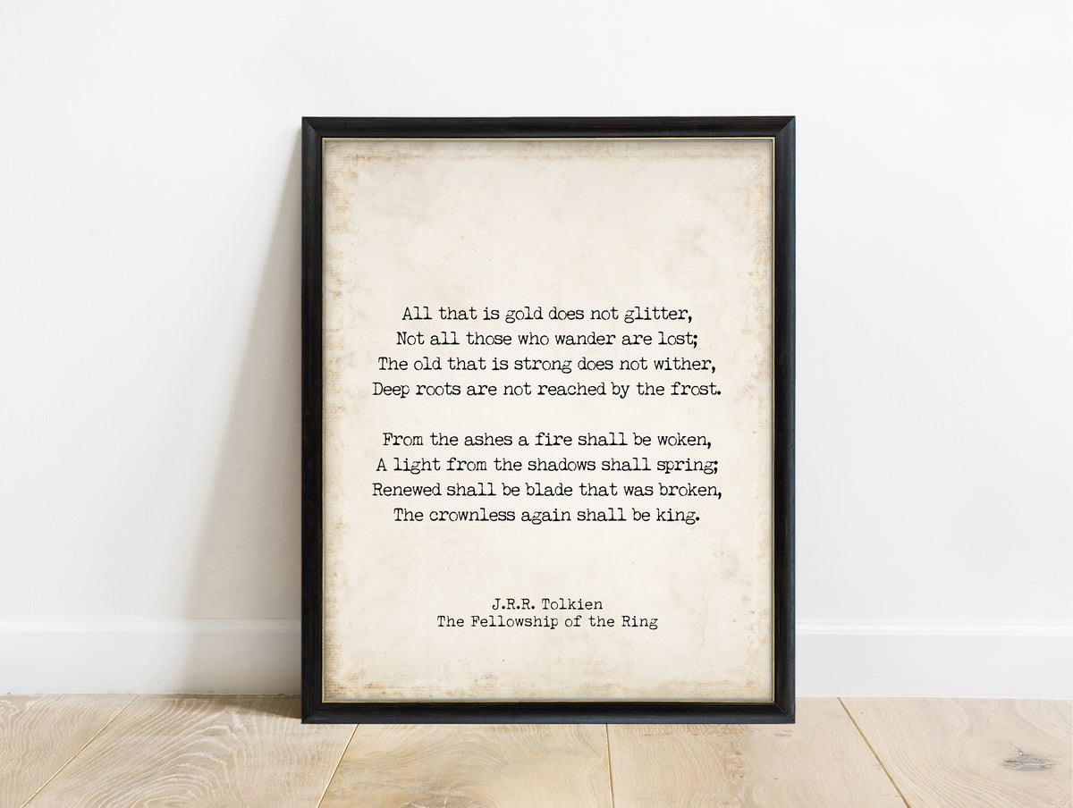 J.R.R. Tolkien All that is gold does not glitter typewriter print in a black frame, vintage background
