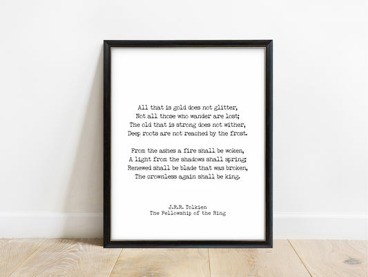 J.R.R. Tolkien All that is gold does not glitter typewriter print in a black frame, white background