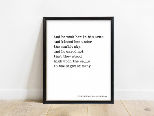J.R.R. Tolkien he took her in his arms typewriter print in a black frame, white background