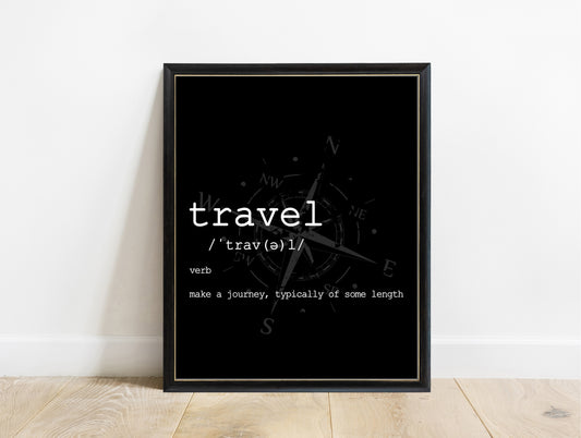 Travel dictionary definition print in a black frame, black background