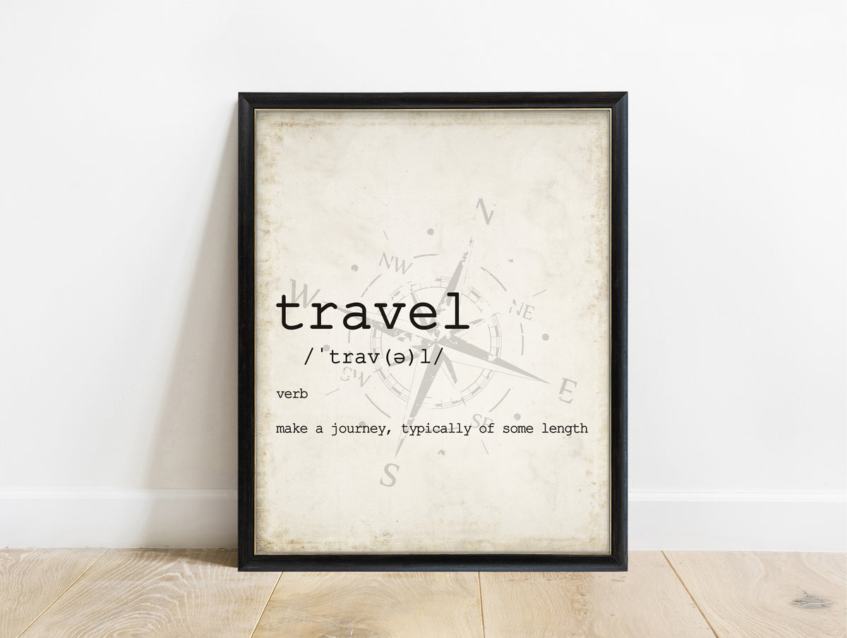 Travel dictionary definition print in a black frame, vintage background