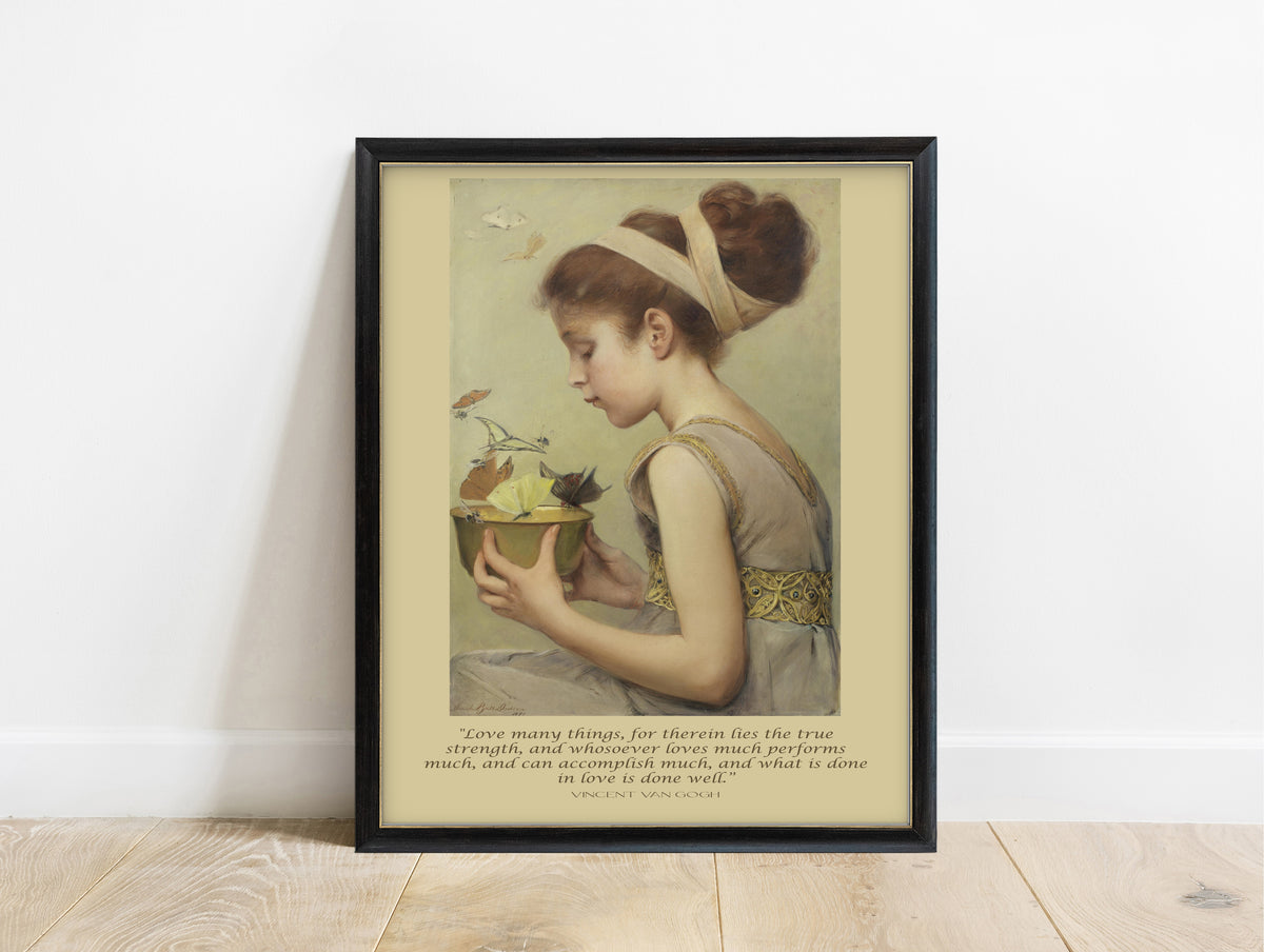 Vincent van Gogh love many things quote with Sarah Paxton Ball Dodson girl with butterflies painting, in a black frame