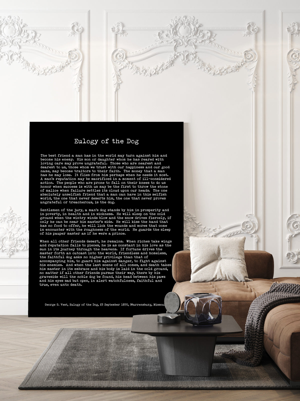 George Graham Vest Eulogy of the Dog full speech print in typewriter type, black background, shown unframed in a living room